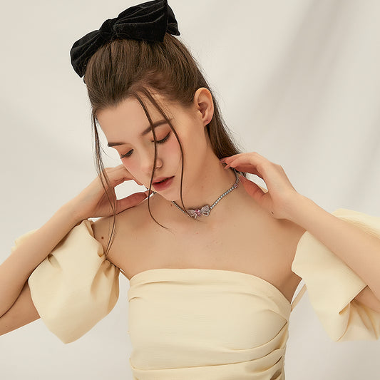 リボンピンクジルコンネックレス