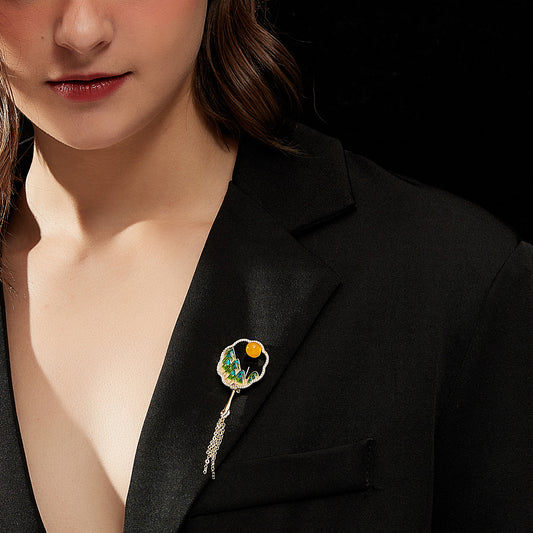 山水扇子琺瑯ブローチ