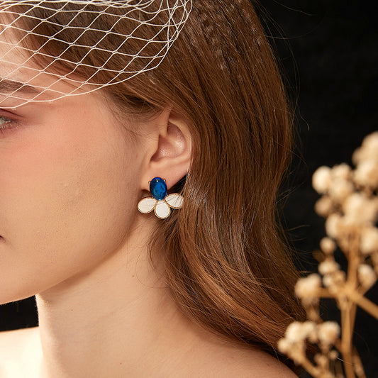 ブルーガラス貝殻花ピアス