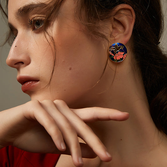 国風小鳥花彩釉ピアス