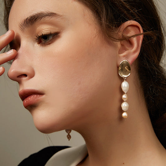真珠幾何ロング港風イヤリング