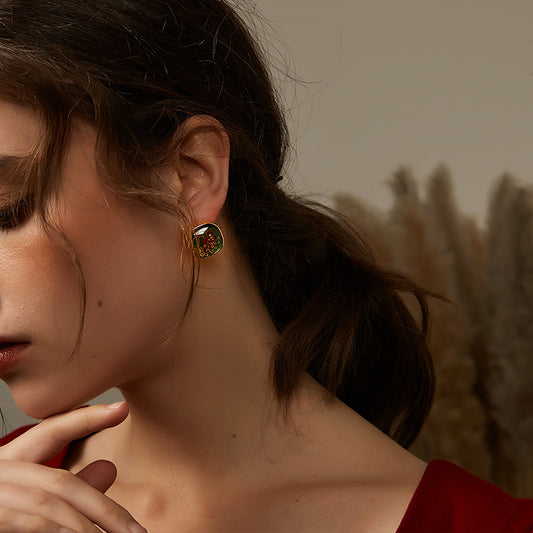 フレンチレトロ金箔花緑ピアス