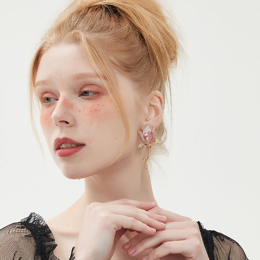 ピンク花皓石フレンチイヤリング