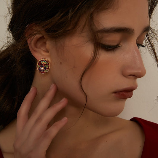 オーバル花蝶彩釉耳夹