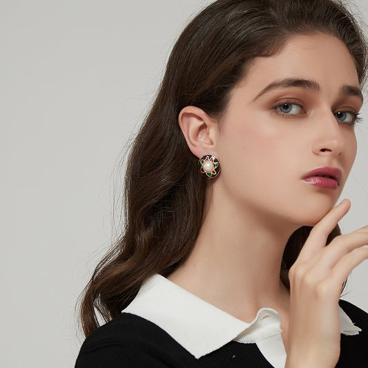 真珠彩釉アートデコ耳夹