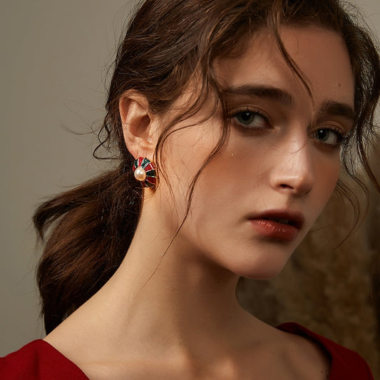 赤緑彩釉真珠耳夹