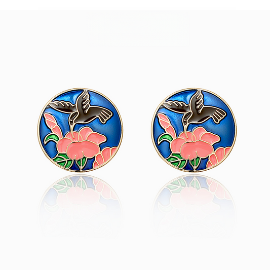 国風小鳥花彩釉ピアス