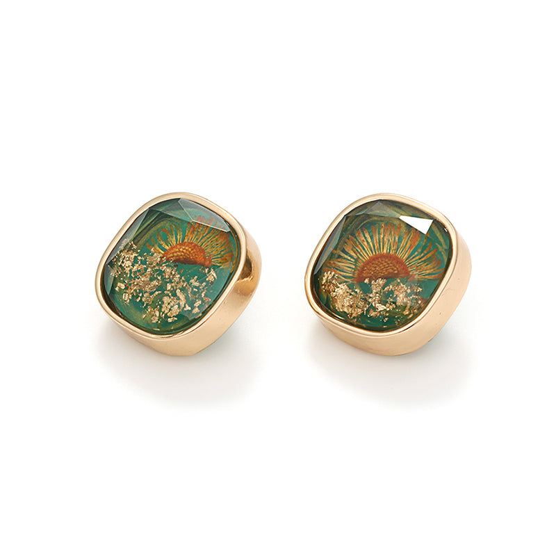 フレンチレトロ金箔花緑ピアス